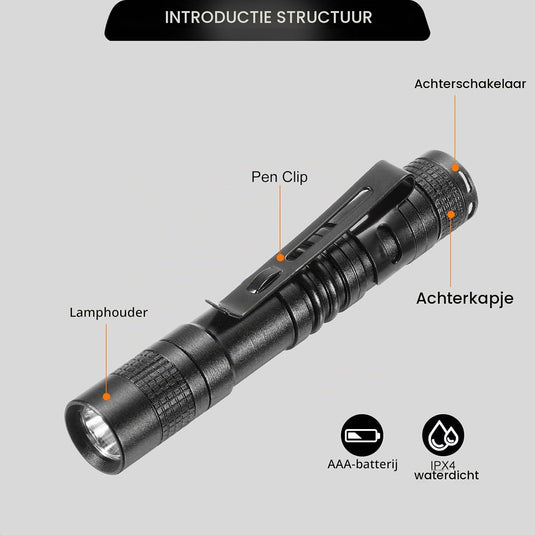 Mini LED zaklamp met clip 91 mm zwart – aluminium penlight – camping en outdoor accessoires