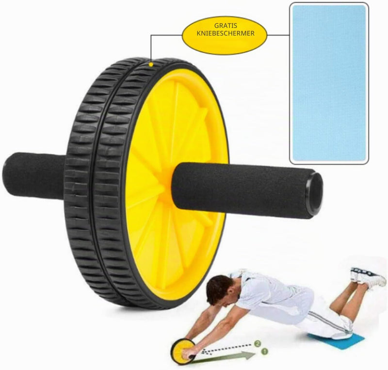 Laad afbeelding in Galerijviewer, Ab roller met dubbele wielen handgrepen en kniemat geel – buikspiertrainer – ab wheel
