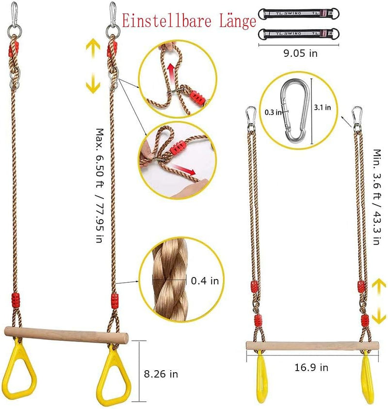 Laad afbeelding in Galerijviewer, Trapezeschommel 2-in-1 met gymnastiekringen tot 120 kg – houten turnschommel – binnen en buiten
