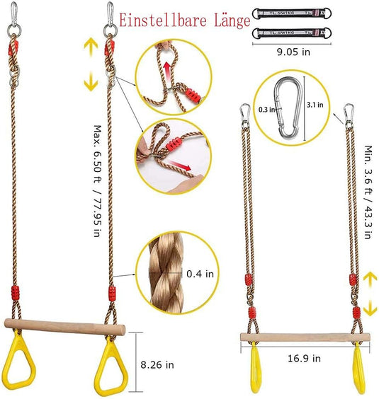Trapezeschommel 2-in-1 met gymnastiekringen tot 120 kg – houten turnschommel – binnen en buiten