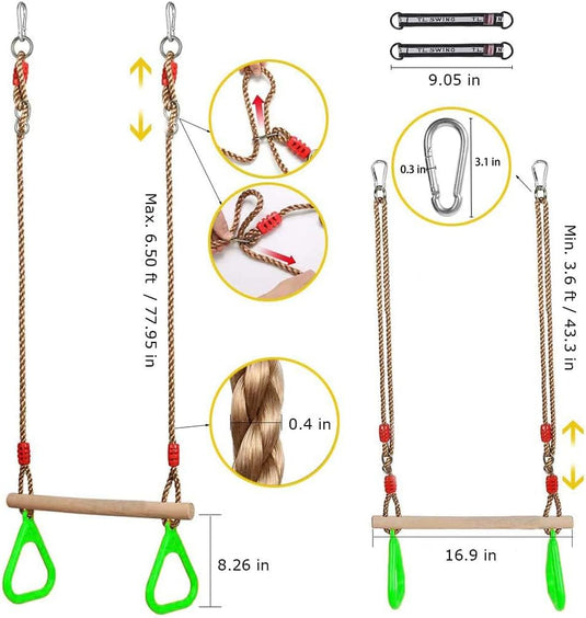 Trapezeschommel 2-in-1 met gymnastiekringen tot 120 kg – houten turnschommel – binnen en buiten
