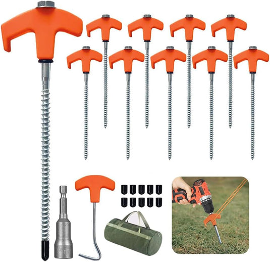 Piquets à vis 24 pièces de 20 cm en acier au carbone avec adaptateur de perçage et extracteur de piquets – ancrage de tente – matériel de camping