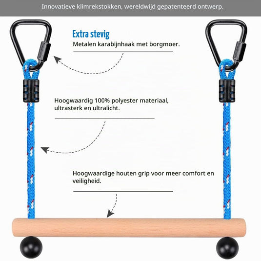 Aste sospese in legno, 2 pezzi da 35 cm, con corde di sospensione e moschettoni – percorso ninja – accessori per arrampicata