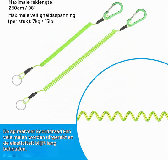 Spiraalkoorden 3 stuks uitschuifbaar tot 150 cm met clip groen – veiligheidslijnen – outdoor accessoires