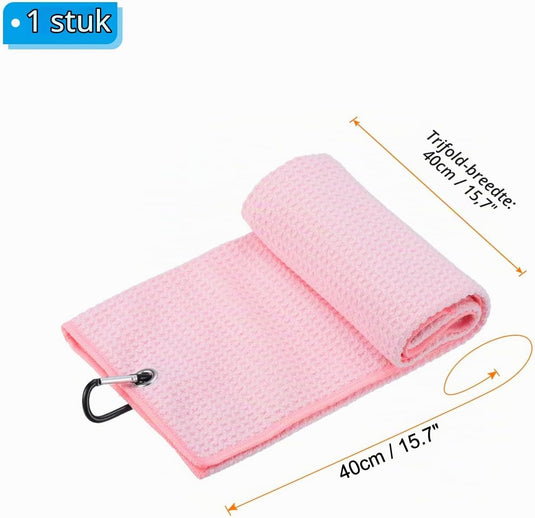 Golfhanddoek 40 x 40 cm met D-clip roze – absorberende tri-fold handdoek – golf accessoires