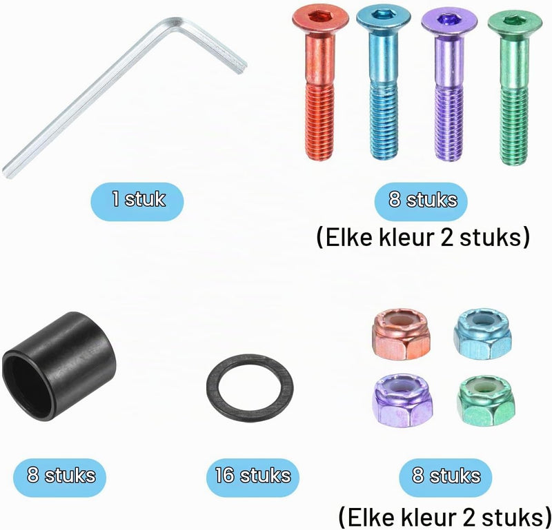 Załaduj obraz do przeglądarki galerii, Skateboard hardware set 40-delig met 25 mm schroeven spacers washers en moeren – multicolor
