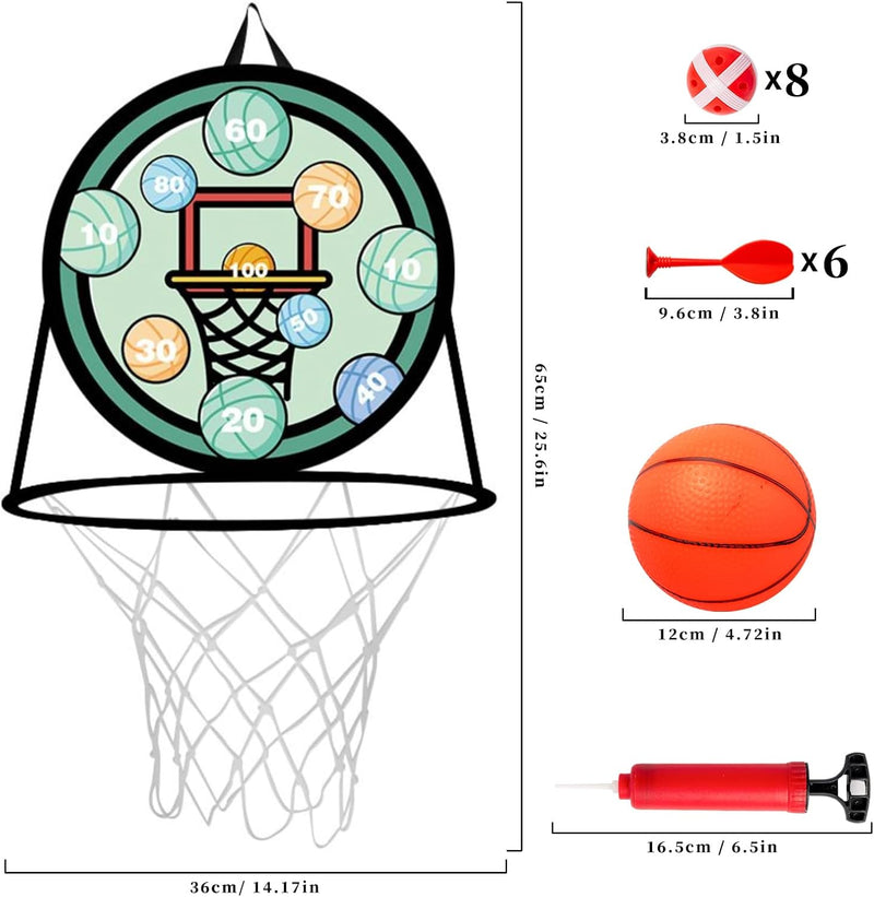 Laad afbeelding in Galerijviewer, Dubbelzijdig kinderdartbord met basketbalring inclusief 8 klittenballen en mini basketbal – mikspel – basketbalspel
