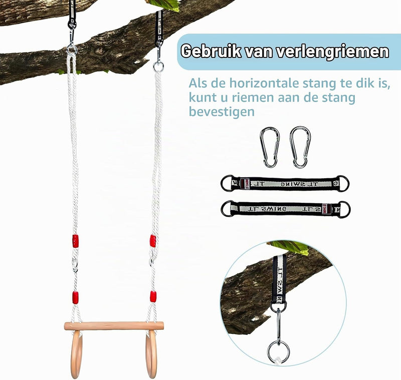 Load image into Gallery viewer, Trapezeschommel met gymnastiekringen en verstelbare touwen tot 100 kg – houten turnschommel
