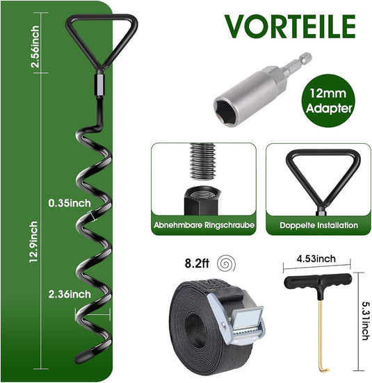 Grondankers 4 stuks 40 cm met verstelbare riemen en booradapter – trampoline ankers – stormankers