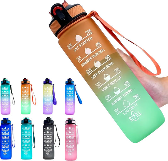 Waterfles met rietje en tijdmarkering 1 liter