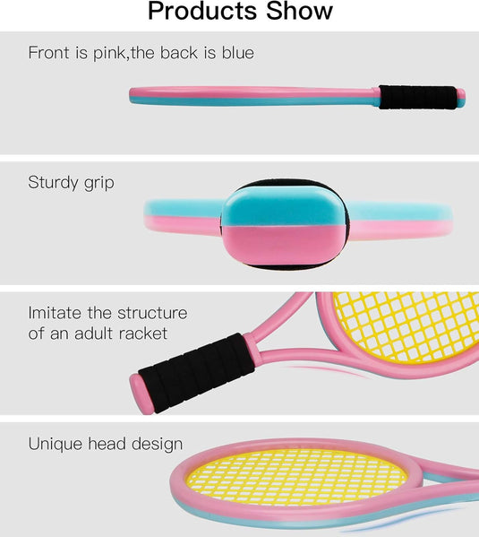 De afbeelding toont het product "🎾 Speelplezier voor de kleintjes met dit tennisracket voor kinderen!": een kinderracket met een roze voorkant, blauwe achterkant, stevige grip en een volwassen ontwerp. Ondanks zijn robuuste constructie is hij indrukwekkend licht van gewicht, zodat hij gemakkelijk te hanteren is.