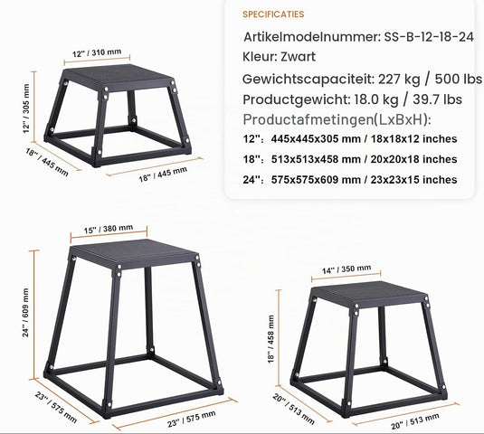 Plyo box set 3 stuks 30 46 en 61 cm van staal tot 227 kg – jump box – plyometrische training