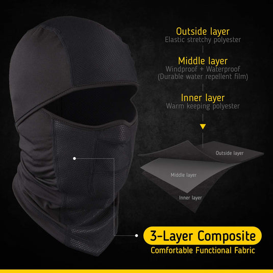 Een warm en comfortabel zwart gezichtsmasker met capuchon met verschillende eigenschappen: "Blijf warm en comfortabel tijdens je winteractiviteiten met onze multifunctionele bivakmuts.