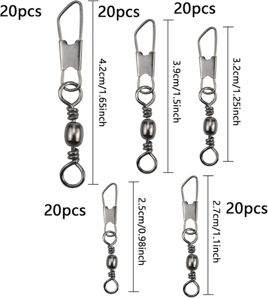 Visserij vat Swivel met Veiligheid Snap Interlock Snaps Hoge Sterkte Tackle, Vissen Swivel Snaps Kit Solid Barrel Swivel met Safty Snap Connector Vismaat 6 # 8 # 10 # 12 # 14 # (100)