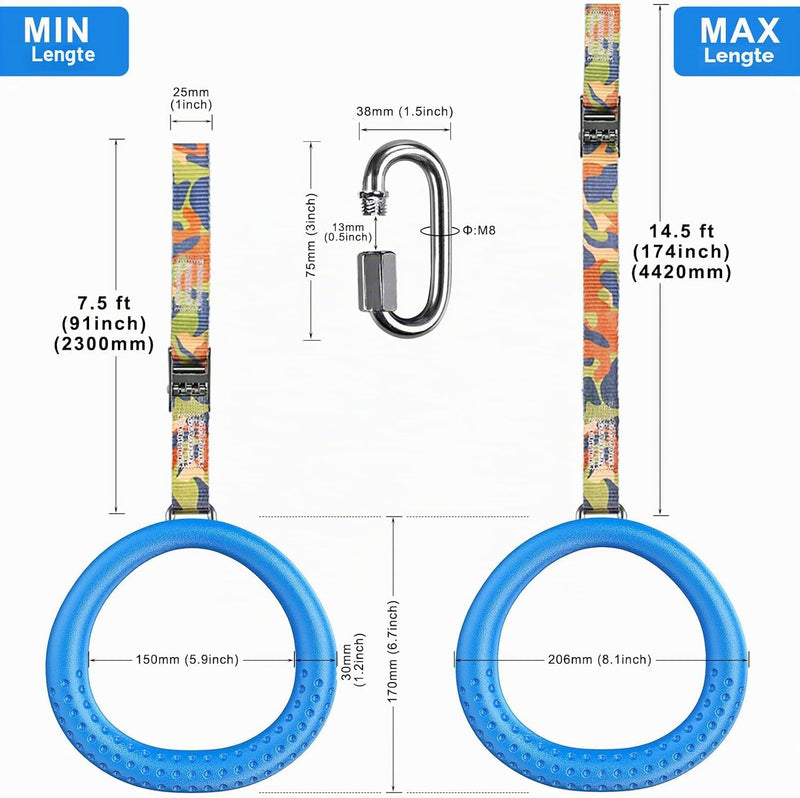 Load image into Gallery viewer, Trapeze ringen 2 stuks met karabijnhaken voor klimrek en schommel – monkey bars – speeltoestel accessoires
