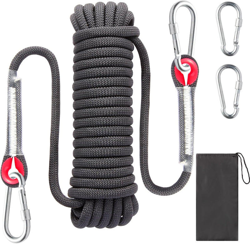 Load image into Gallery viewer, Statisch Klimtouw 10 m x 10 mm met 2 Karabijnhaken – Outdoor Touw voor Abseilen, Klimmen, Camping – Zwart
