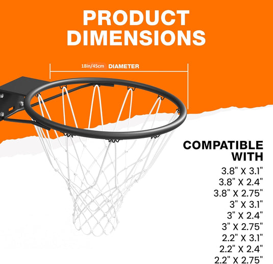 Bee-Ball Basketball Rim - 18 Inch - Basketball Replacement Rim Net for Outdoor and Indoor Basketball Hoop - Adjustable-Height and Fixed Basketball Hoop for All