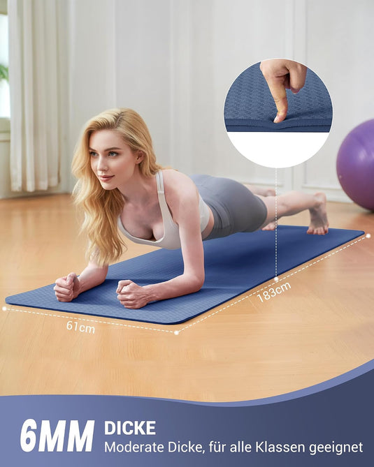 Good Nite Yogamat, Gymnastiek, Pilates Oefenmat voor vrouwen, antislip, dik 6 mm met draagriem, Tpe, 183 x 61 x 0,6 cm