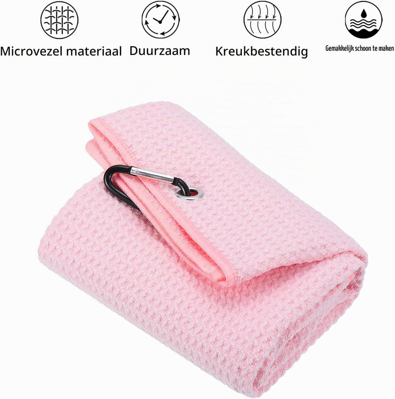 Load image into Gallery viewer, Golfhanddoek 40 x 40 cm met D-clip roze – absorberende tri-fold handdoek – golf accessoires
