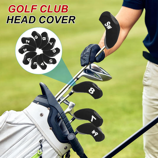 Golfclub beschermhoezen 10 stuks zwart neopreen – genummerde ijzerhoezen – golf headcovers voor golfset en golftas