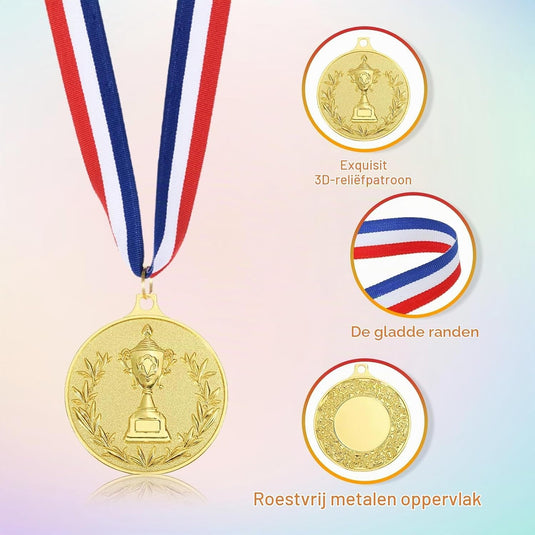 Gouden medailles met neklint 3 stuks 5,8 x 5,2 cm – winnaarsmedailles – sport en wedstrijd prijzen