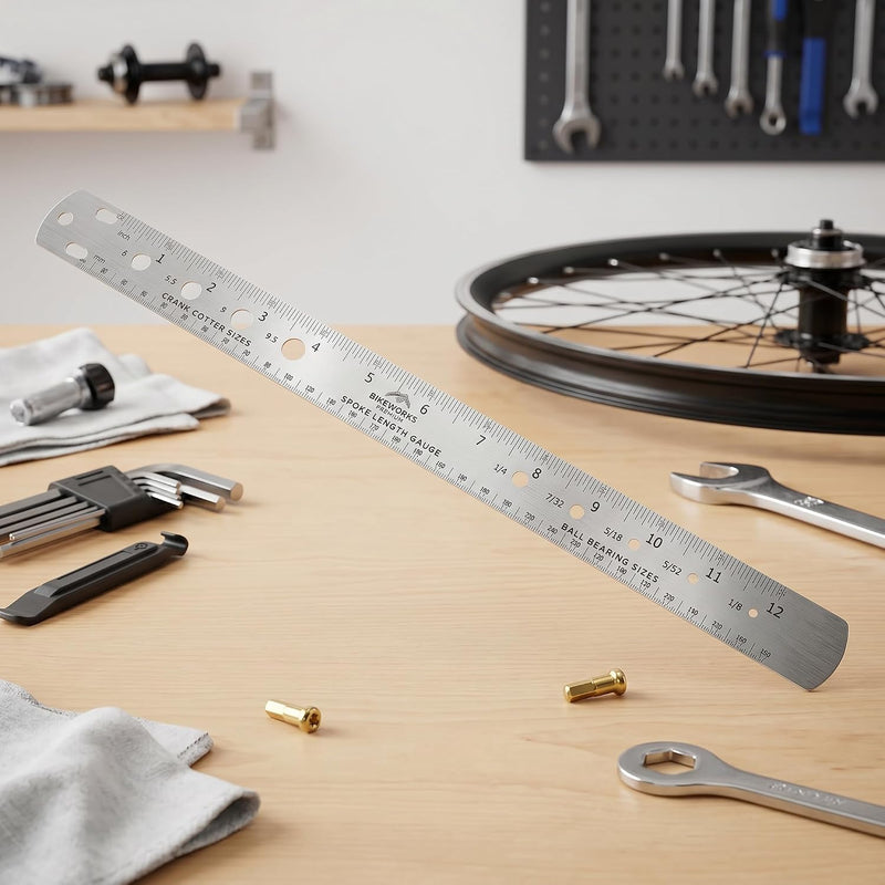 Laden Sie das Bild in Galerie -Viewer, Fahrradspeichenlineal, 360 mm, aus Edelstahl mit beidseitiger Maßskala – Speichenmessgerät – Fahrradpflege
