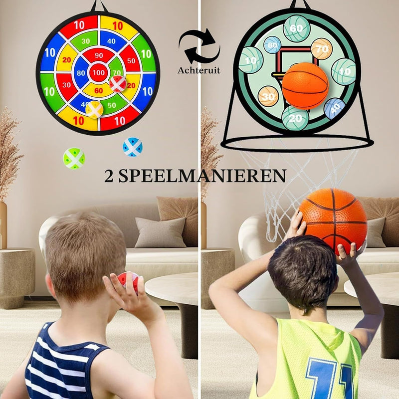Laad afbeelding in Galerijviewer, Dubbelzijdig kinderdartbord met basketbalring inclusief 8 klittenballen en mini basketbal – mikspel – basketbalspel
