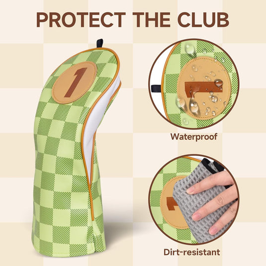 Golfclub-Schutzhüllen, 4 Stück, mit Schachbrettmuster aus Kunstleder, für Driver, Fairwayholz und Hybrid – Golf-Cover – Clubhüllen
