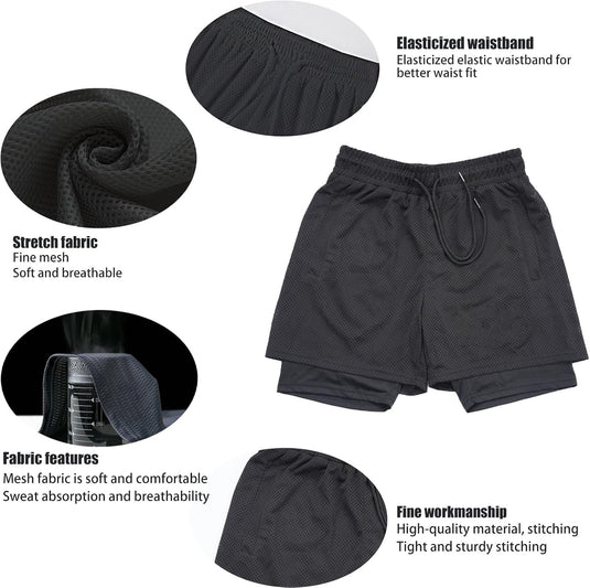 Shorts heren 2-in-1 trainingsshorts zomer korte broek sneldrogende hardloopshort sportbroek met zakken compressieshort