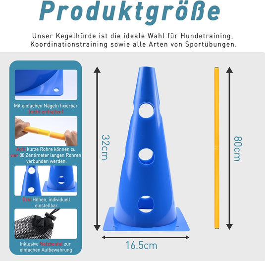 Agility hindernisset met 8 kegels en 8 verstelbare stangen 32 cm – hondentraining – sporthorden
