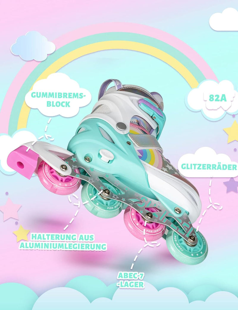 Load image into Gallery viewer, SULIFEEL Rainbow Unicorn Verstelbare zwarte rolschaatsen voor kinderen, met lichtgevende wielen, voor jongens
