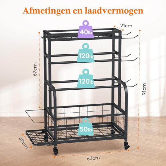 Home gym opbergrek met wielen voor dumbbells en fitnessaccessoires