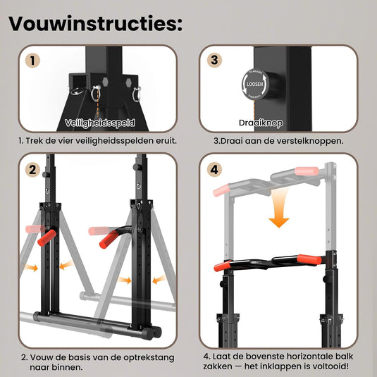 Opvouwbare power tower met verstelbare optrekstang en dip station tot 200 kg – pull-up bar – krachtstation