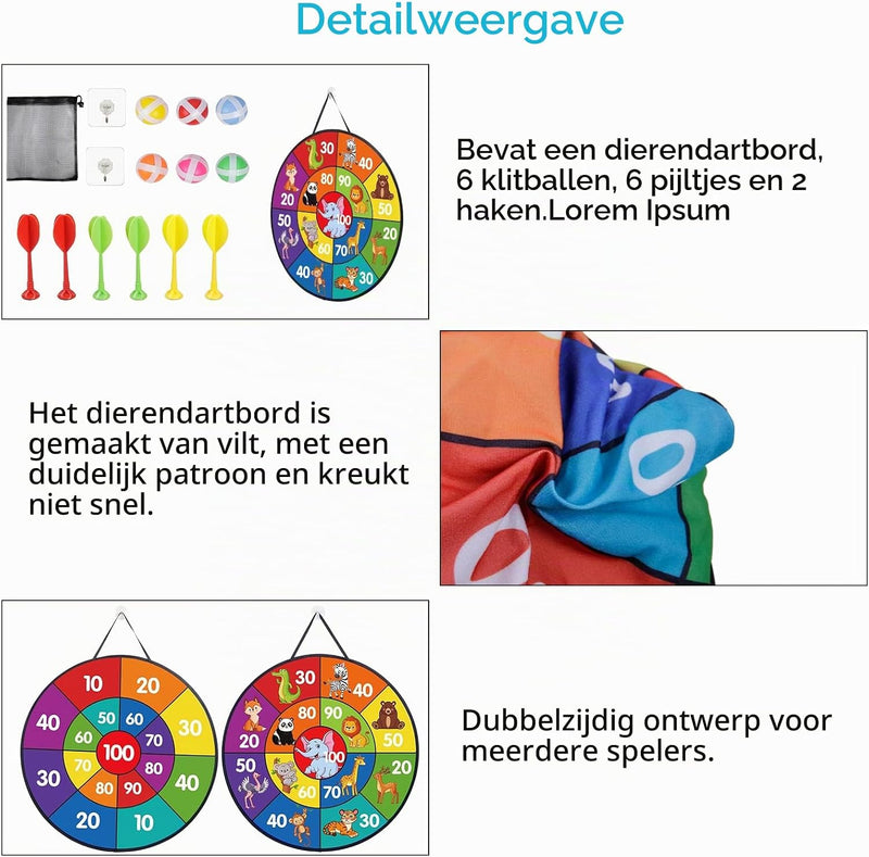 Bild im Galerie-Viewer laden, Kinderdartspiel 66 cm mit doppelseitiger Tierscheibe, 6 Klettbällen und 6 Dartpfeilen – Zielsicherheit – Spielspaß
