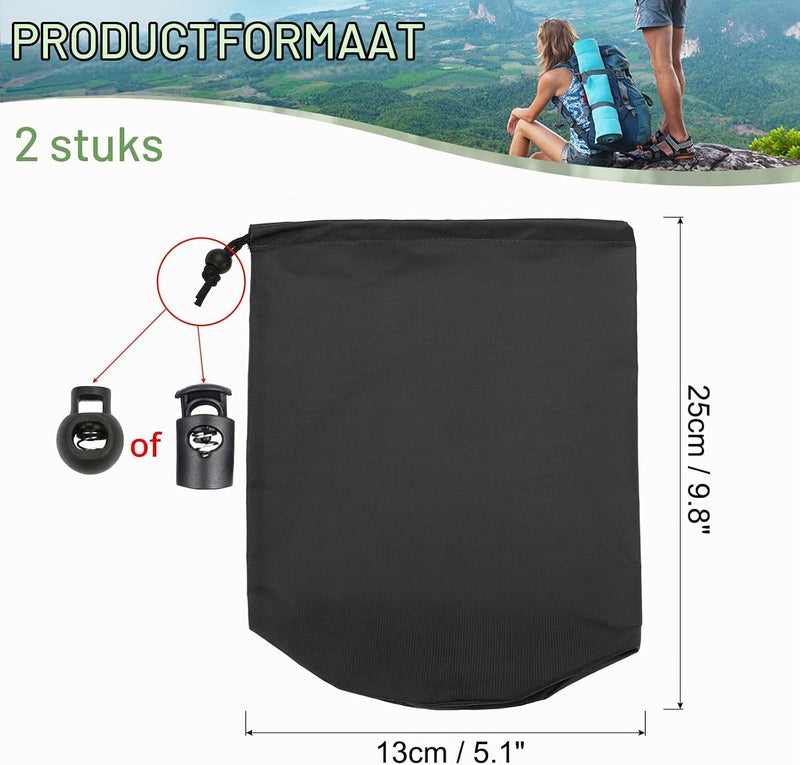 Załaduj obraz do przeglądarki galerii, Waterdichte opbergzakken 2 stuks 13 x 25 cm met trekkoord donkergrijs – stuff sacks – camping accessoires
