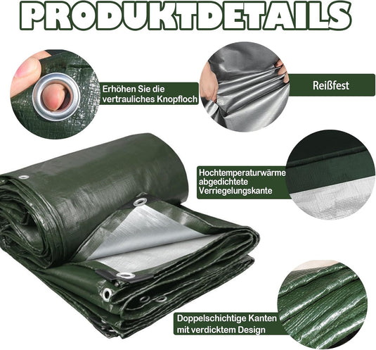 Waterdicht afdekzeil 4 x 5 meter 180 g/m² met ogen groen-zilver – PE dekzeil – beschermzeil
