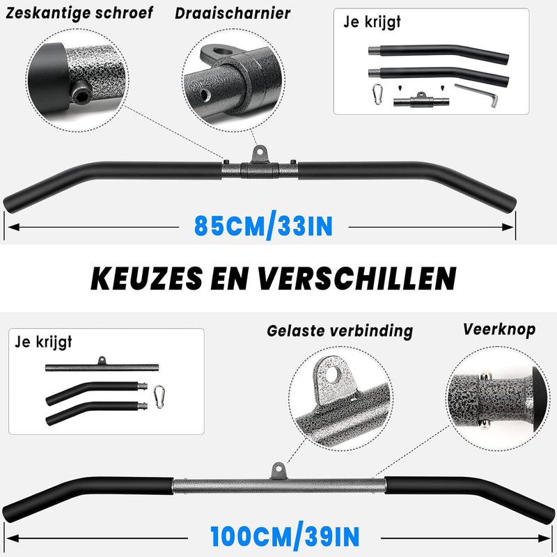 Laden Sie das Bild in Galerie -Viewer, Lat pulldown bar 85 of 100 cm met EVA antislip handgrepen tot 130 kg – kabelstang – fitness accessoire
