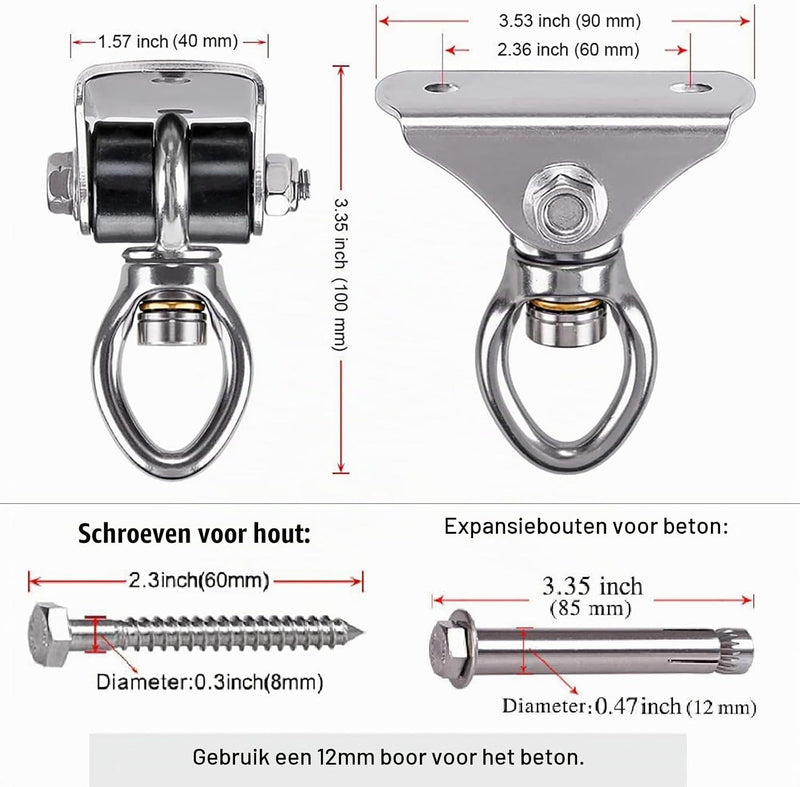 Laad afbeelding in Galerijviewer, Schommel plafondhaak van 304 RVS met 360 graden draaifunctie en bevestigingsbouten – draaibare ophanghaak – schommelmontage
