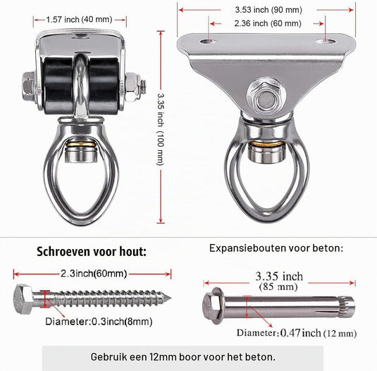 Schommel plafondhaak van 304 RVS met 360 graden draaifunctie en bevestigingsbouten – draaibare ophanghaak – schommelmontage