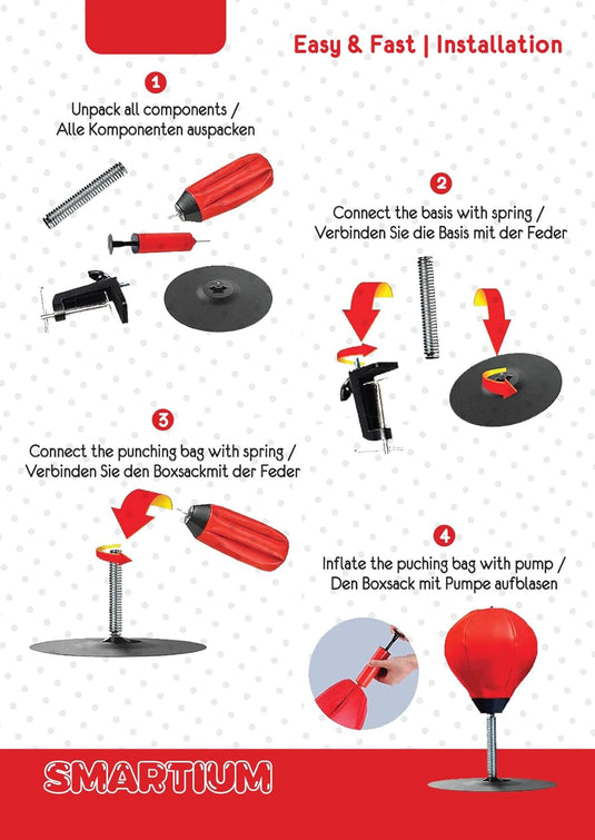 De 🥊 Sla stress van je af mini-tafelbokszak! bevat een montage-instructies met genummerde stappen en afbeeldingen: onderdelen uitpakken, basis aansluiten, veer bevestigen en de zak opblazen. Ideaal voor het verlichten van stress en het trainen van reflexen met een efficiënte opstelling.