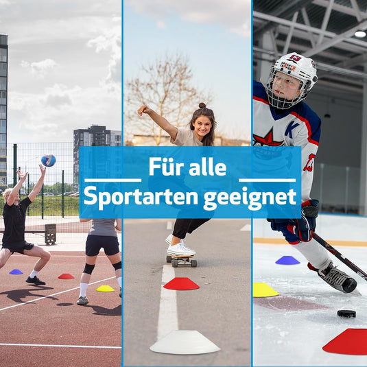 Markeringsschijven 50 stuks in 5 kleuren met houder – trainingshoedjes – voetbal pionnen