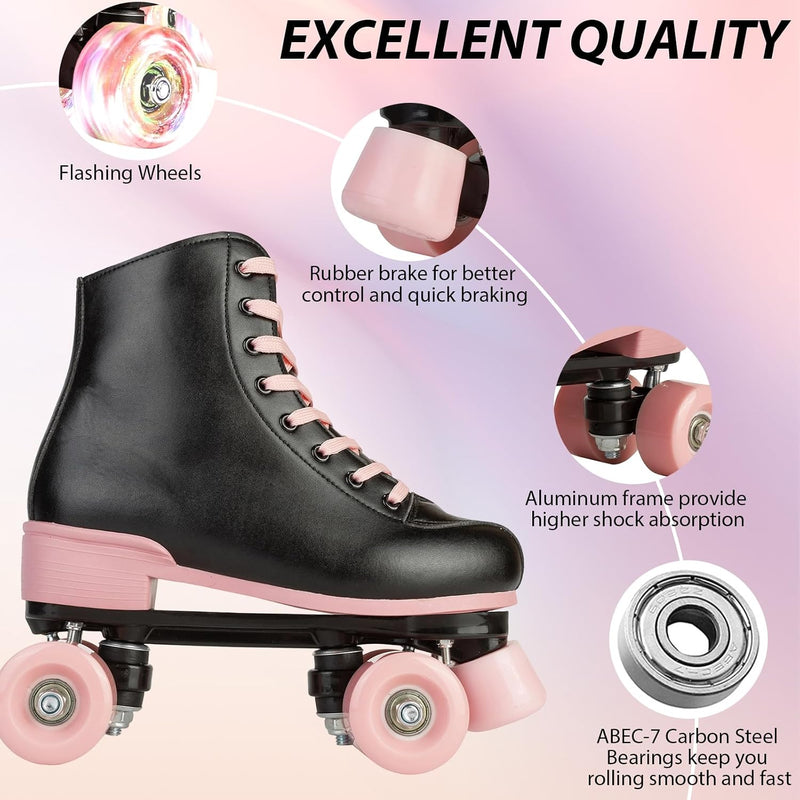 Laad afbeelding in Galerijviewer, Rolschaatsen voor vrouwen meisjes zwarte roller derby skates volwassen dubbele rij lichtgevende schaatsen voor jeugd volwassen beginner (Eur 99-24 cm - UK: Dames 5,5 / Heren 5)
