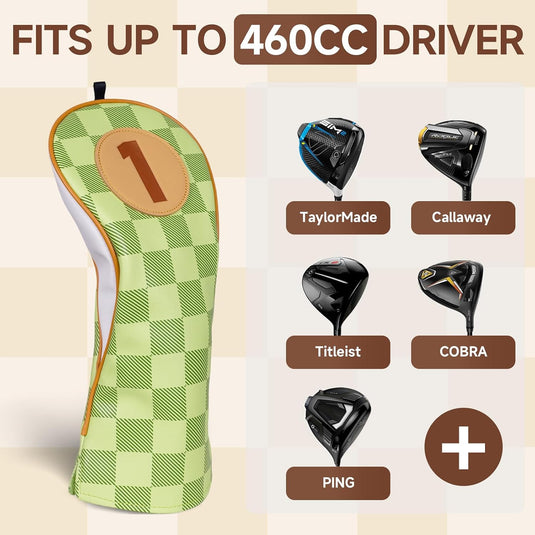 Golfclub-Schutzhüllen, 4 Stück, mit Schachbrettmuster aus Kunstleder, für Driver, Fairwayholz und Hybrid – Golf-Cover – Clubhüllen