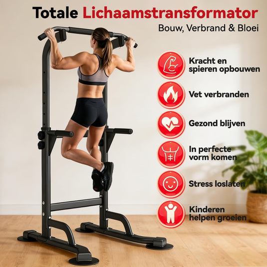 Verstelbare power tower 4-in-1 met optrekstang en dipstation tot 120 kg – krachtstation – fitnessrek