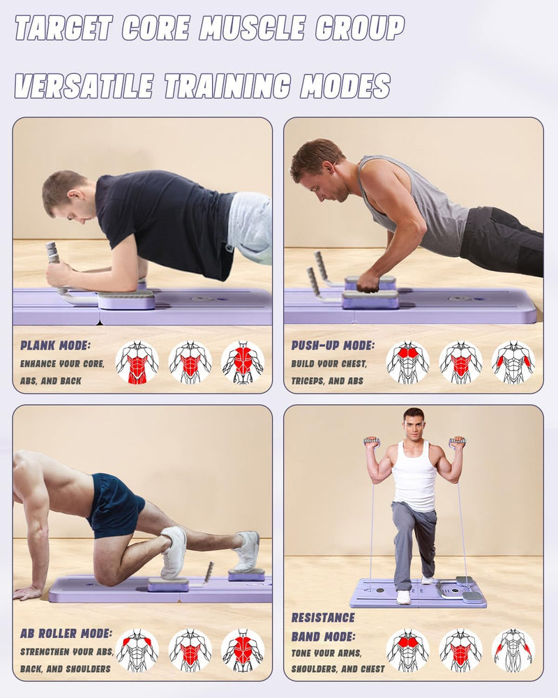 Laad afbeelding in Galerijviewer, Opvouwbaar pilates board met ab roller en weerstandsband paars – buikspiertrainer – pilates trainer
