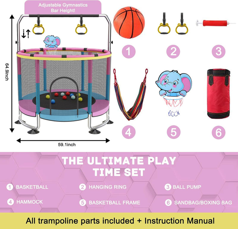 Laden Sie das Bild in Galerie -Viewer, Kindertrampoline 150 cm met veiligheidsnet schommel en basketbalmand roze – trampoline – indoor outdoor
