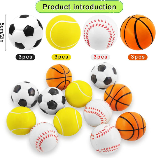 Mini sportballen 12 stuks zachte stressballen 5 cm – voetbal basketbal tennis en honkbal