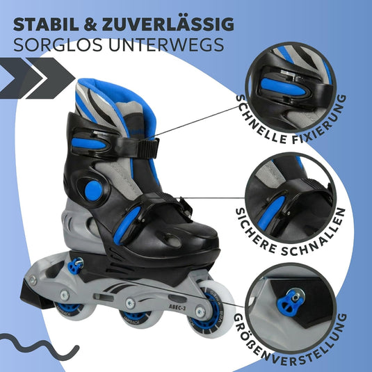 Inlineskates voor kinderen, met beschermers, verstelbaar, met led, blauw