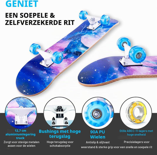 Compleet skateboard 70 x 20 cm met 8-laags esdoorn deck en ABEC-11 lagers – double kick skateboard
