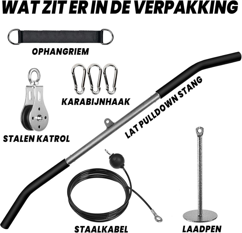 Charger l’image dans la visionneuse de galerie, Système de câbles de fitness avec barre de tirage de 100 cm et poulie pour la musculation à domicile - entraînement des muscles du dos - accessoires pour poulie latérale
